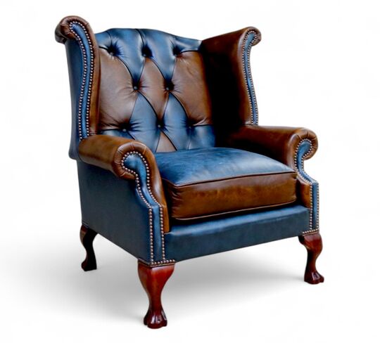 Duke Patchwork Heritage Chesterfield Queen Anne High Back Wing Chair Antique Tan & Blue Leather