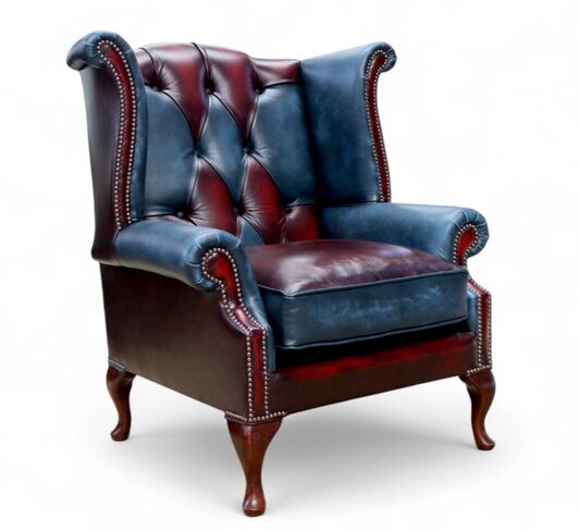 Duke Patchwork Timeless Chesterfield Queen Anne High Back Wing Chair Antique Oxblood & Blue Leather
