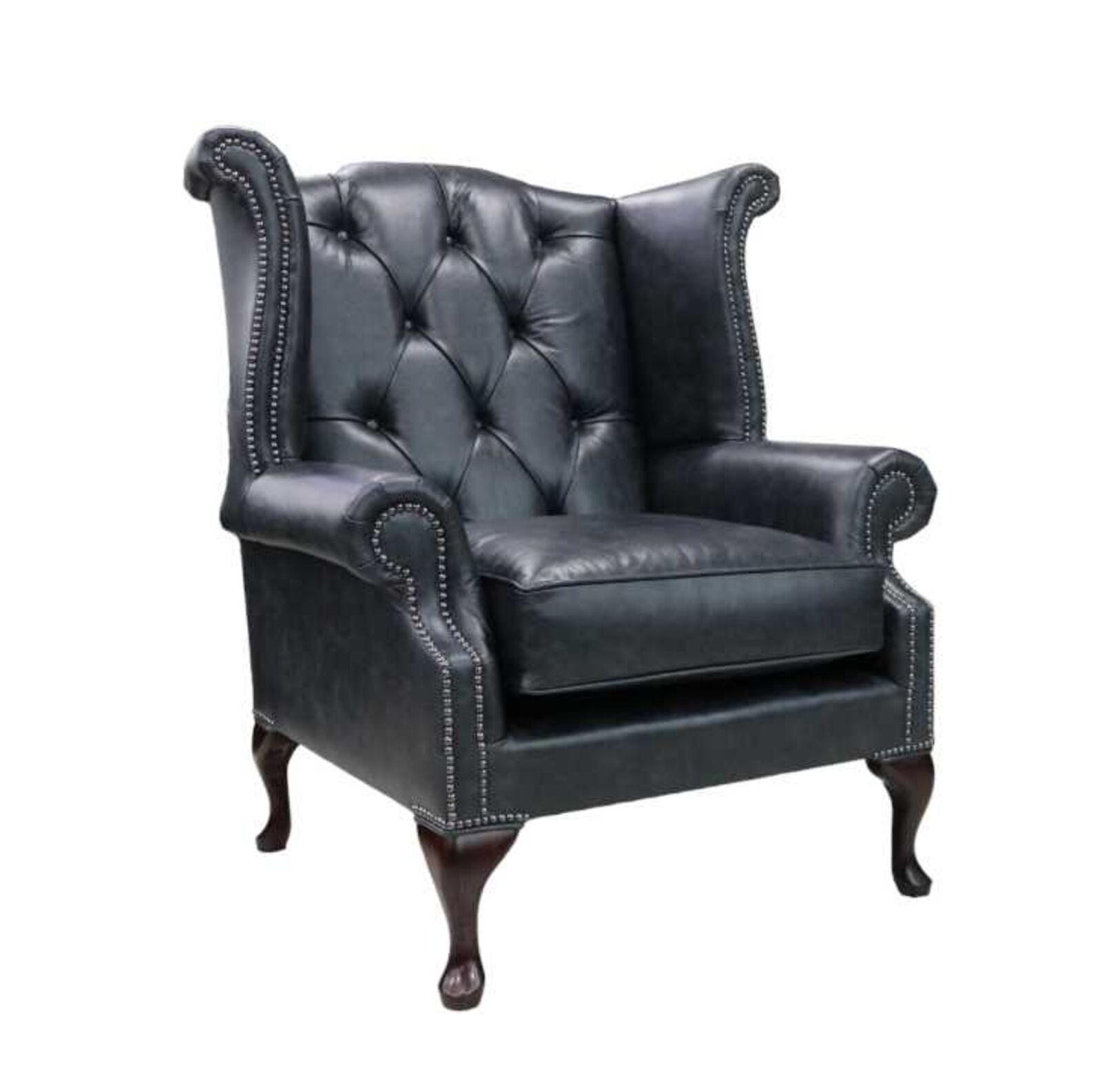 Product photograph of Duke Chesterfield Queen Anne High Back Wing Chair Vintage Graphite Leather from Designer Sofas 4U