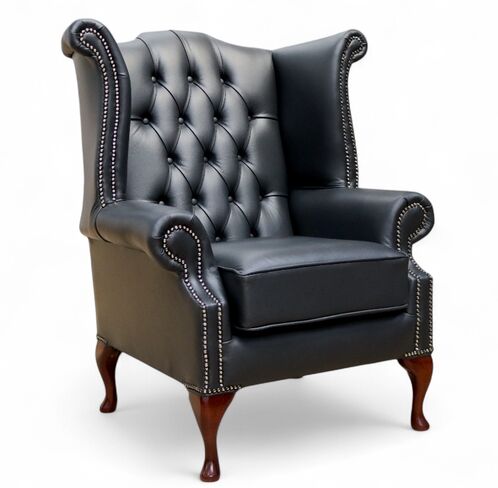 Luxury Black Tufted Leather Wingback Chair – Classic Chesterfield Queen Anne
