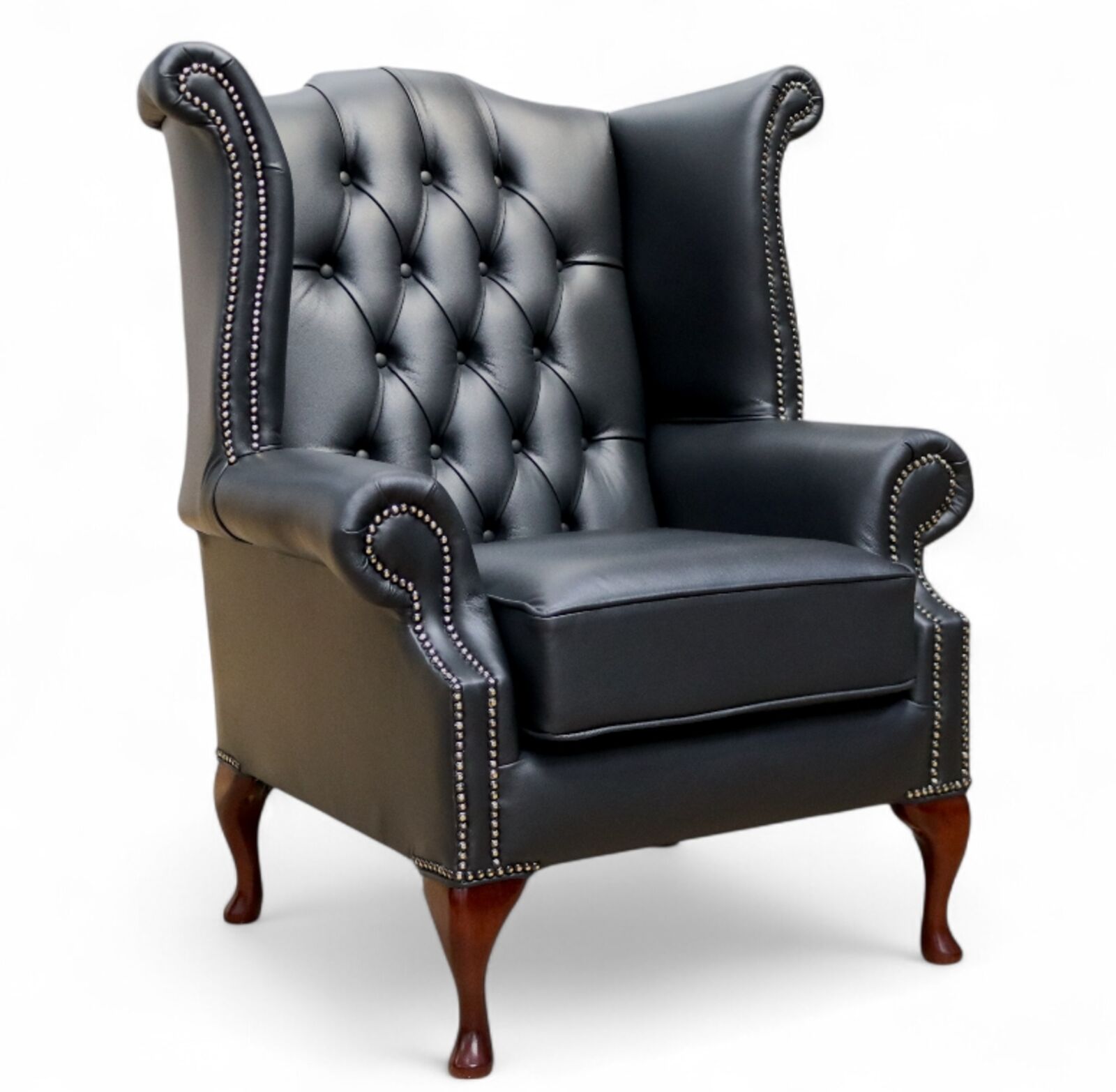 Luxury Black Tufted Leather Wingback Chair Classic Chesterfield Queen Anne
