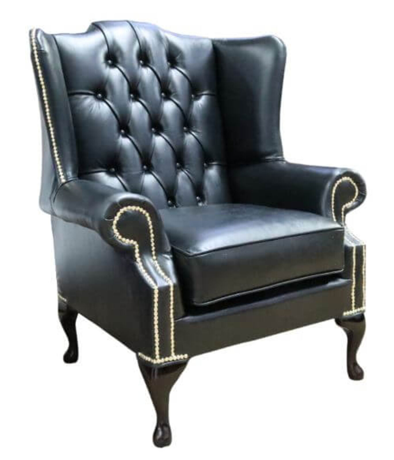 Product photograph of Old English Black Leather Chesterfield Bloomsbury Flat Wing Queen Anne High Back Wing Chair Stock from Designer Sofas 4U