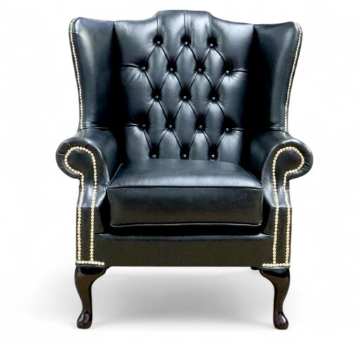 Old English Black Leather Chesterfield Bloomsbury Flat Wing Queen Anne High Back Wing Chair | DesignerSofas4U
