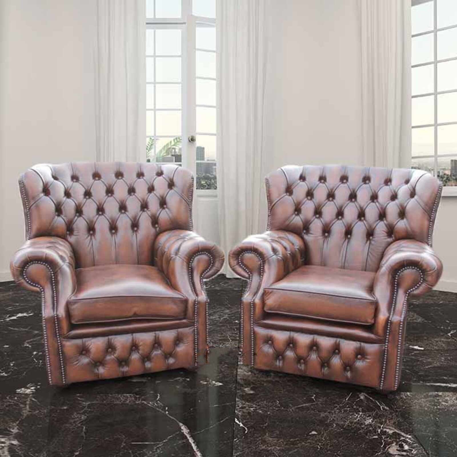 Product photograph of Pair Chesterfield Monks High Back Wing Chair Uk Manufactured Armchair Antique Brown Leather from Designer Sofas 4U