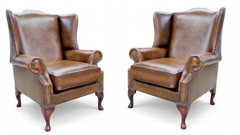 Pair Of Chesterfield Flat Wing Saxon Mallory High Back Wing Chairs Antique Tan Leather