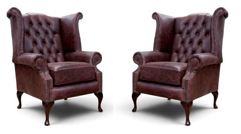 Pair Of Leather Chesterfield Queen Anne High Back Wing Chairs Old English Brown