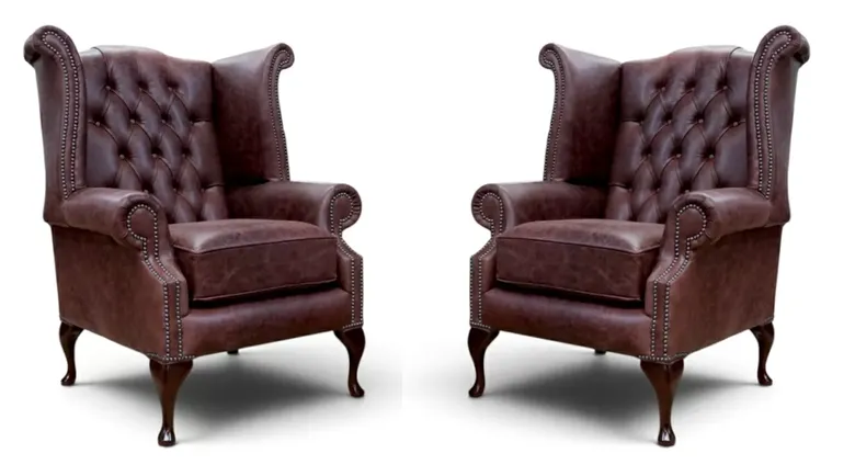 Pair Of Leather Chesterfield Queen Anne High Back Wing Chairs Old English Brown