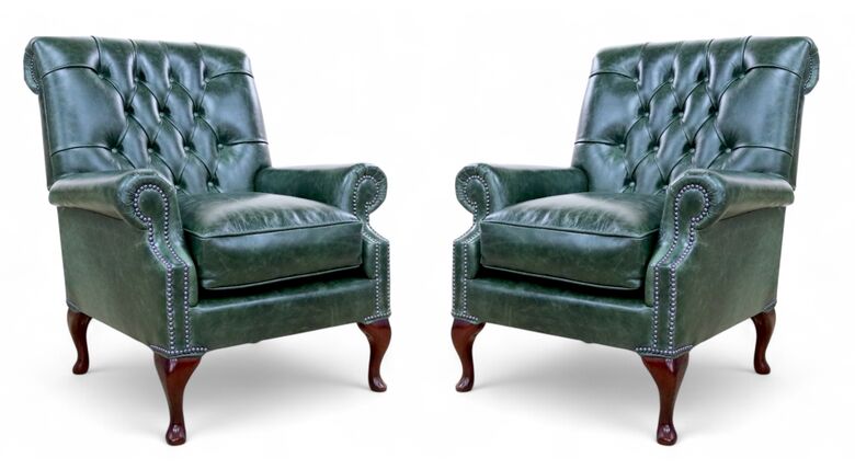 Pair Of Parliament Chesterfield High Back Armchair Traditional Green Leather