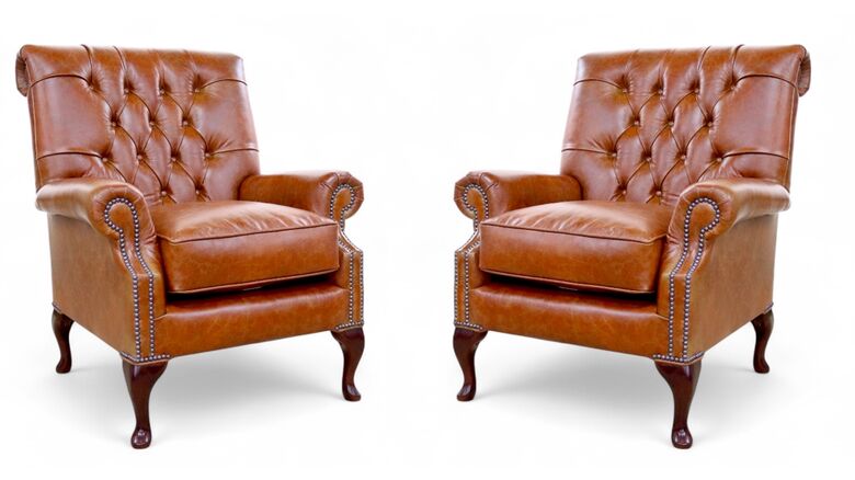 Pair Of Parliament Chesterfield High Back Armchairs Traditional Cognac Leather