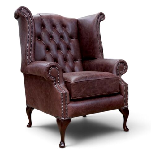 Premium Old English Brown Leather Chesterfield Queen Anne Wing Chair | DesignerSofas4U
