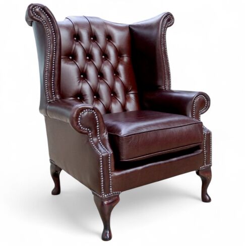 Premium Old English Brown Leather Chesterfield Queen Anne Wing Chair | DesignerSofas4U