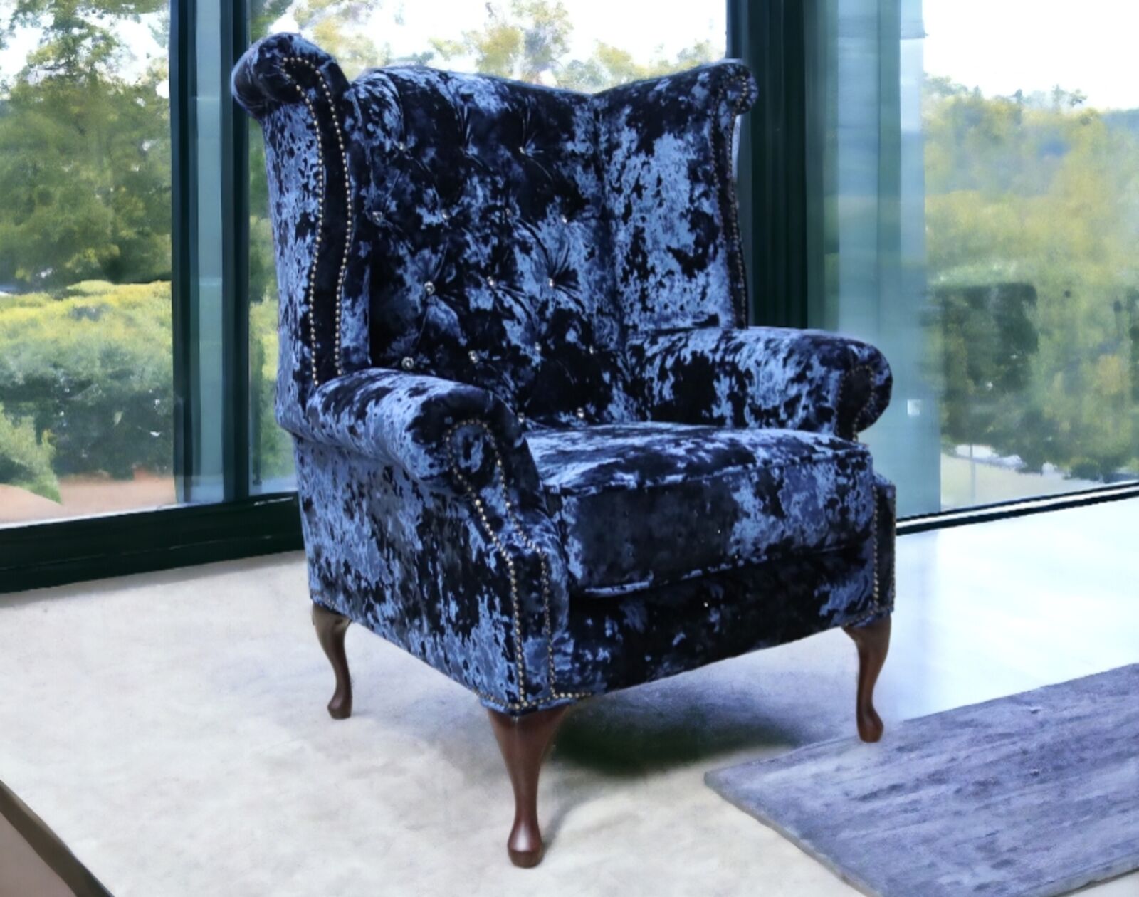 Product photograph of Blue Sapphire Velvet Chesterfield Crystal Queen Anne High Back Wing Chair Designersofas4u from Designer Sofas 4U