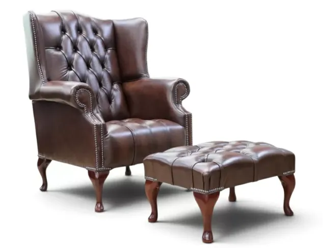 Rub Off Antique Brown Chesterfield Mallory Buttoned Seat Flat Wing Queen Anne High Back Wing Chair + Matching Footstool UK Manufactured | DesignerSofas4U