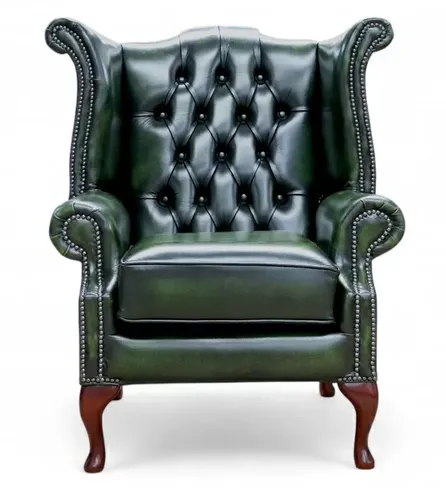 Rub Off Antique Green Chesterfield Queen Anne High Back Wing Chair | DesignerSofas4U