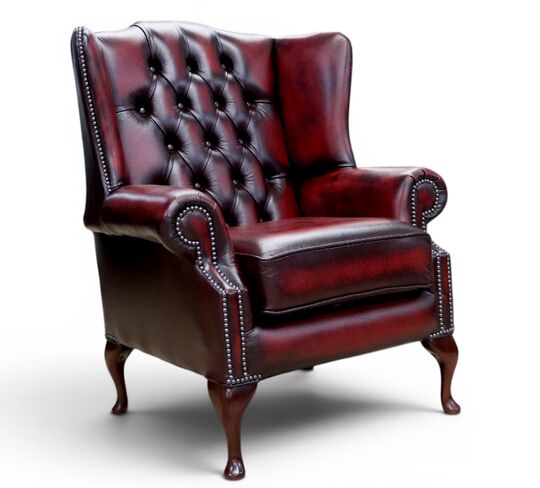 Rub Off Antique Oxblood Leather Chesterfield Bloomsbury Flat Wing High Back Wing Chair | DesignerSofas4U