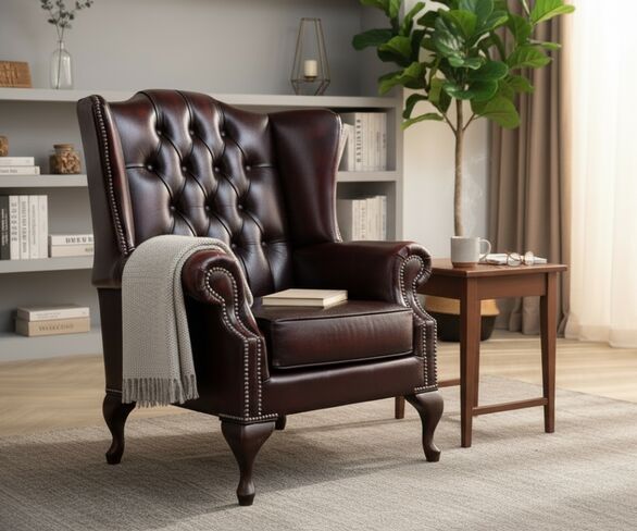 Rub Off Antique Oxblood Leather Chesterfield Bloomsbury Flat Wing High Back Wing Chair | DesignerSofas4U