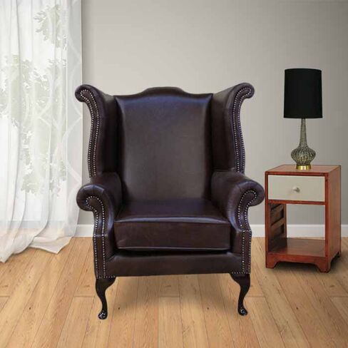 Saxon Chesterfield Queen Anne High Back Wing Chair Old English Red Brown