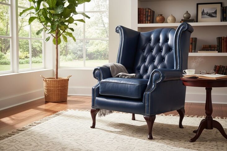 SPECIAL OFFER Chesterfield Leather Queen Anne High Back Wing Chair Old English Peacock Blue