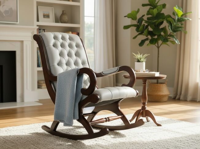 Vintage Elegance York Slipper Rocking Chair Silver Grey Leather – Luxurious Comfort & Timeless Style