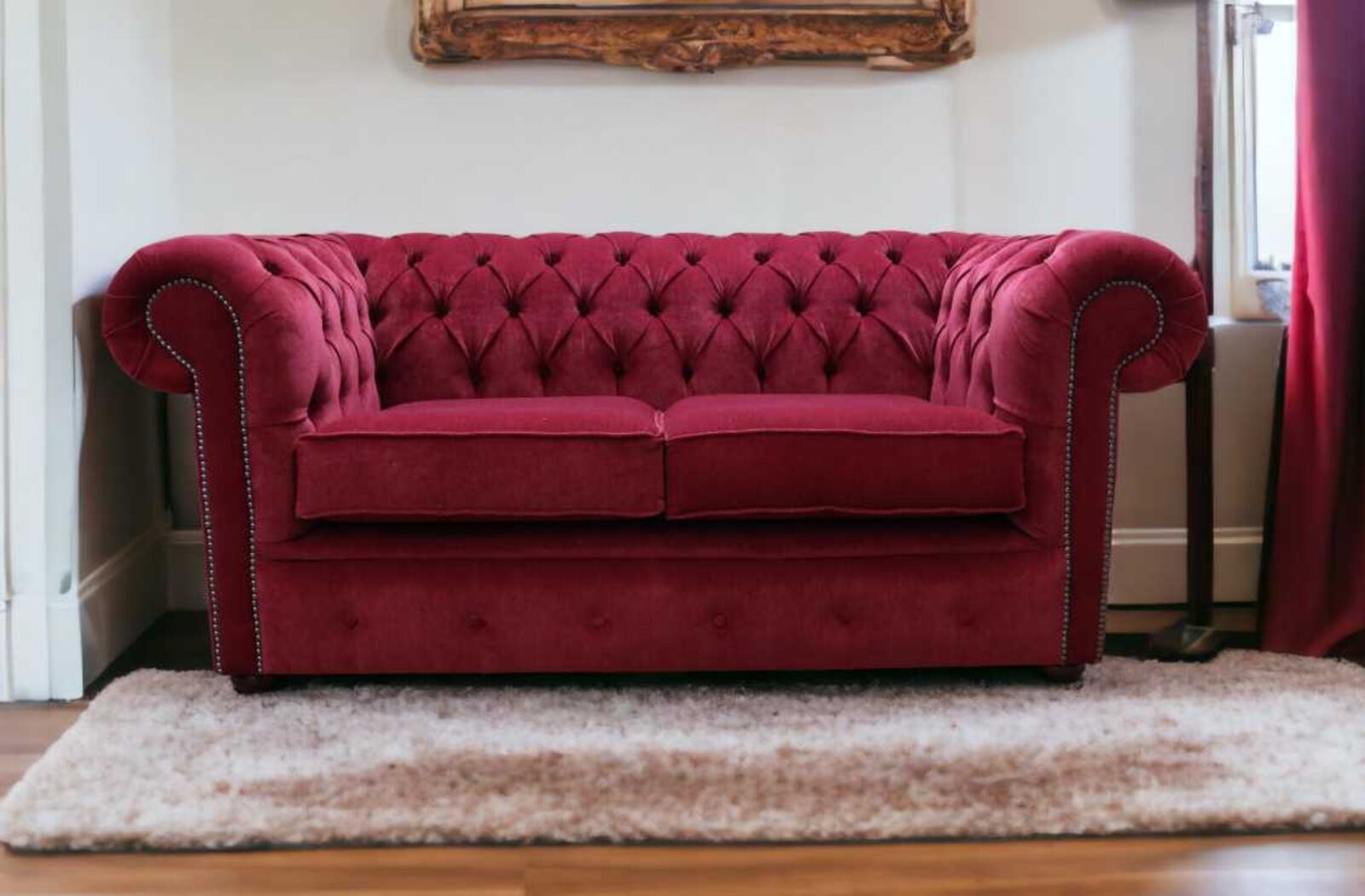 Product photograph of Chesterfield 2 Seater Settee Pimlico Wine Fabric Sofa Offer from Designer Sofas 4U