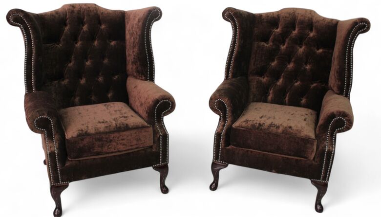 2 x Chesterfield Queen Anne High Back Wing Chairs Modena Dark Brown Velvet