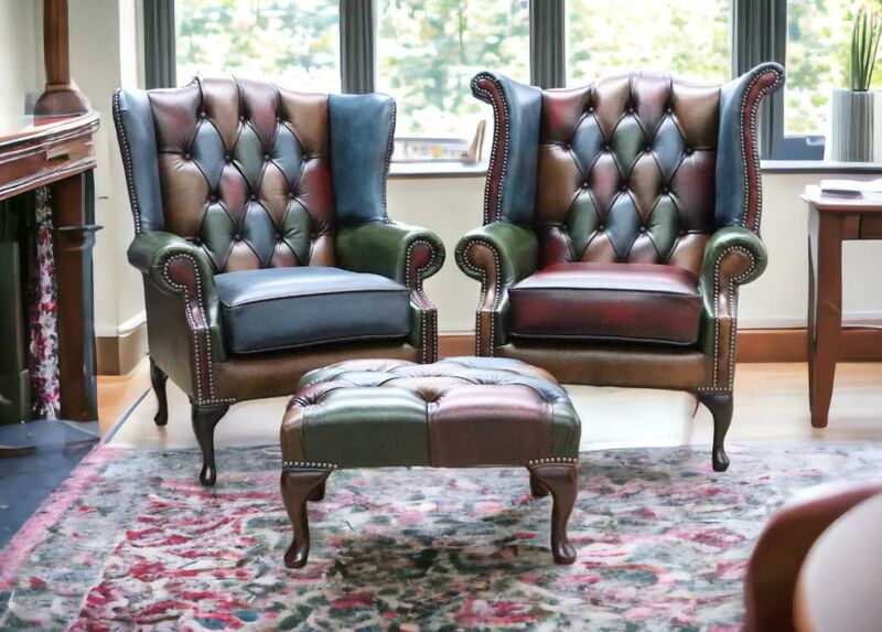 Product photograph of Pair Of Chesterfield Patchwork Queen Anne Wing Chairs Antique Amp Hellip from Designer Sofas 4U