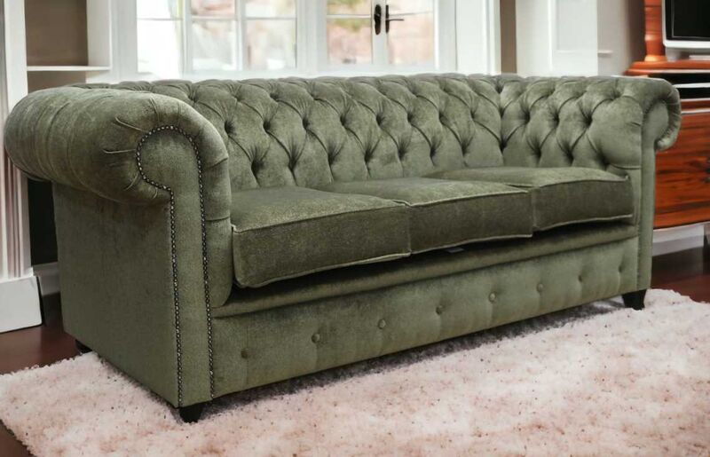 Product photograph of Chesterfield 3 Seater Settee Velluto Moss Green Fabric Sofa Offer from Designer Sofas 4U