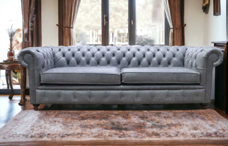 Product photograph of Chesterfield 4 Seater Settee Cracked Wax Ash Grey Real Leather Sofa from Designer Sofas 4U