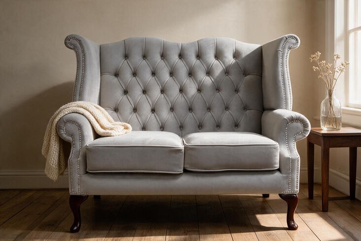 Chesterfield 2 Seater Queen Anne High Back Wing Sofa Chair Amalfi Fossil Grey Velvet
