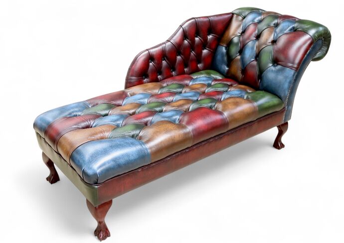 Antique Patchwork Leather Chaise Lounge – Handcrafted Chesterfield Statement Piece