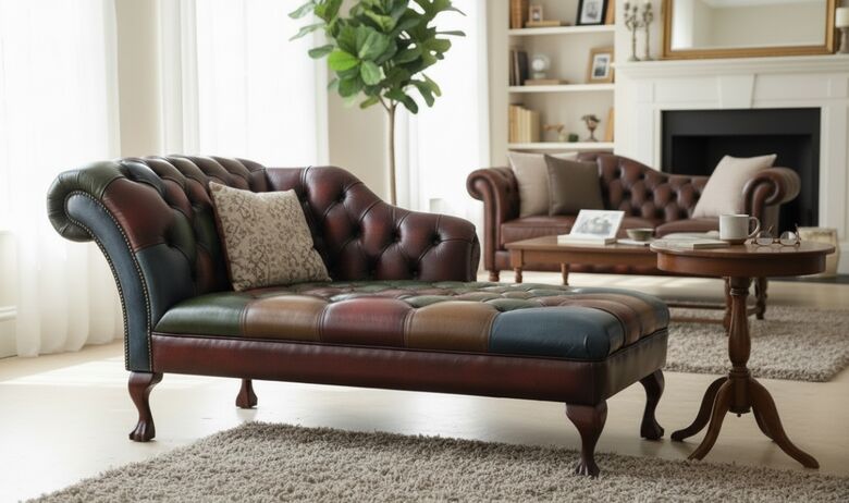 Antique Patchwork Leather Chaise Lounge – Handcrafted Chesterfield Statement Piece