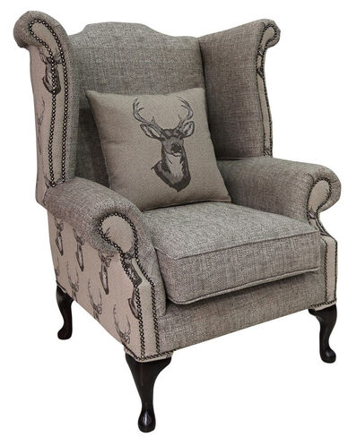 Chesterfield Saxon Queen Anne High Back Wing Chair Antler Stag Chocolate Brown Fabric