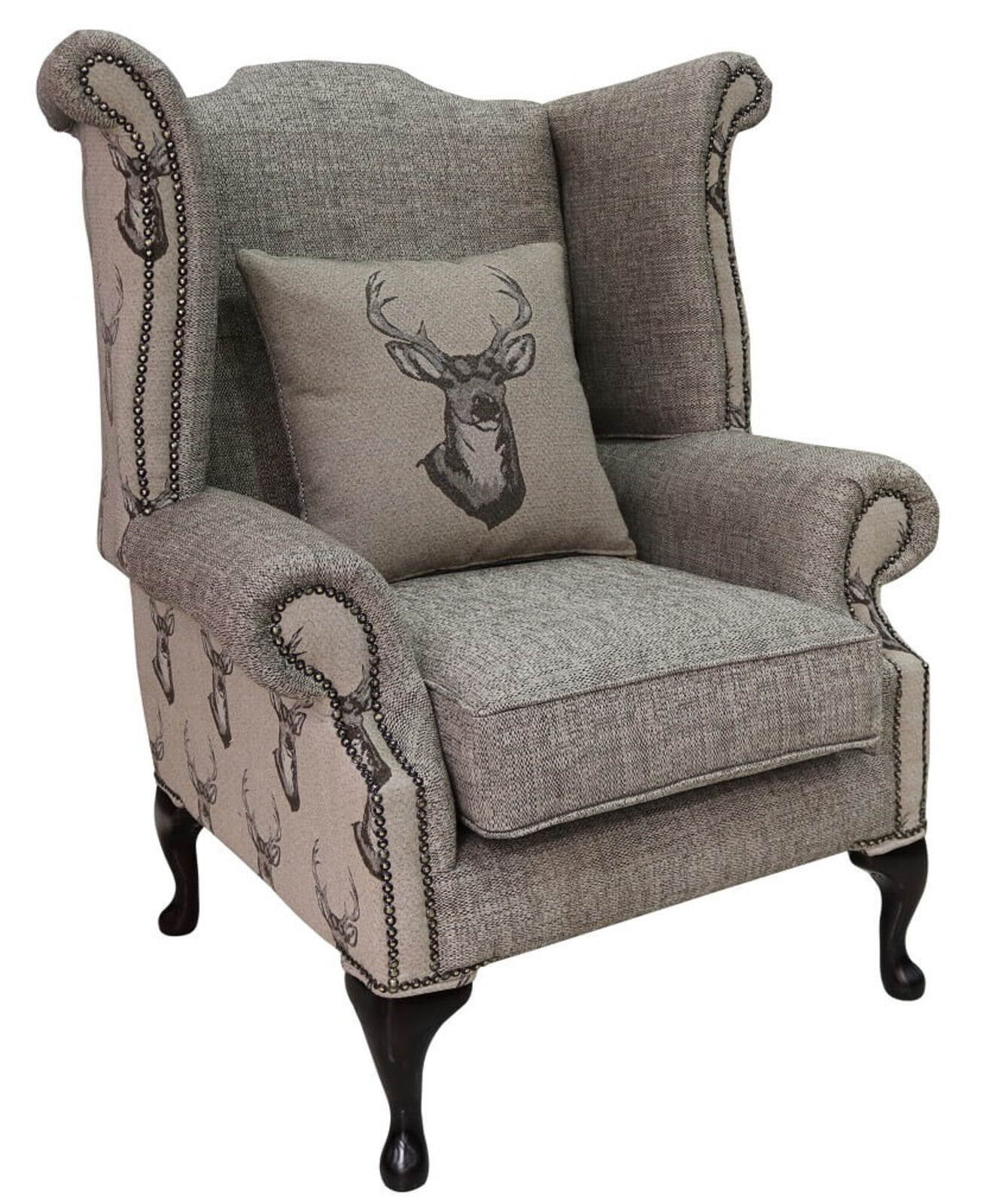 Product photograph of Chesterfield Saxon Queen Anne High Back Wing Chair Antler Stag Chocolate Brown Fabric from Designer Sofas 4U