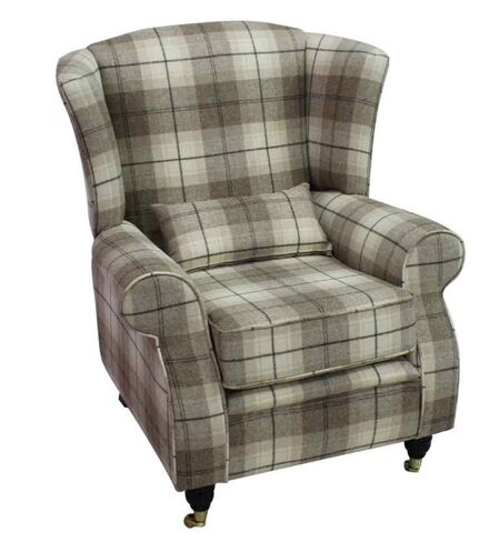 Arnold Wool Tweed Wing Chair Fireside High Back Armchair Wool Plaid Devon Fudge Check Fabric