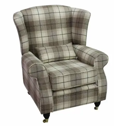 Arnold Wool Tweed Wing Chair Fireside High Back Armchair Wool Plaid Devon Fudge Check Fabric