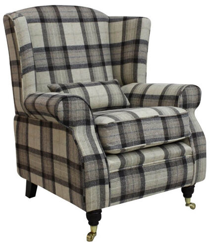 Arnold Wool Tweed Wing Chair Fireside High Back Armchair Skye Natural Check Fabric