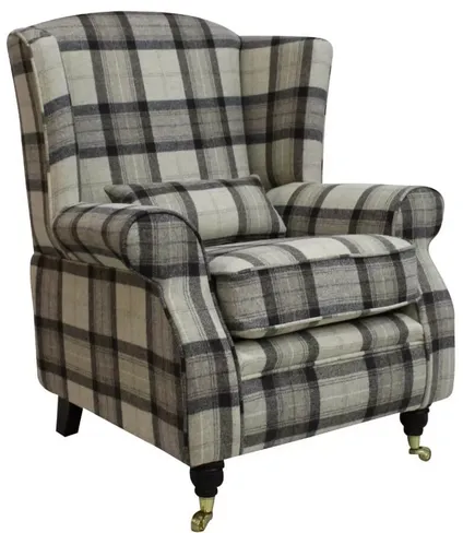 Arnold Wool Tweed Wing Chair Fireside High Back Armchair Skye Natural Check Fabric