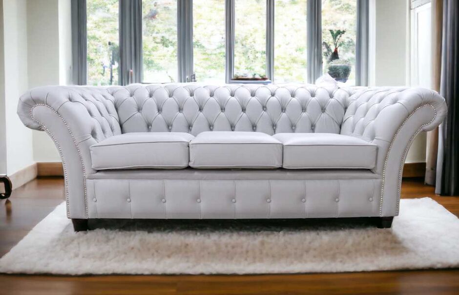 Balmoral Chesterfield 3 Seater Sofa Settee Shelly Silver Grey Leather