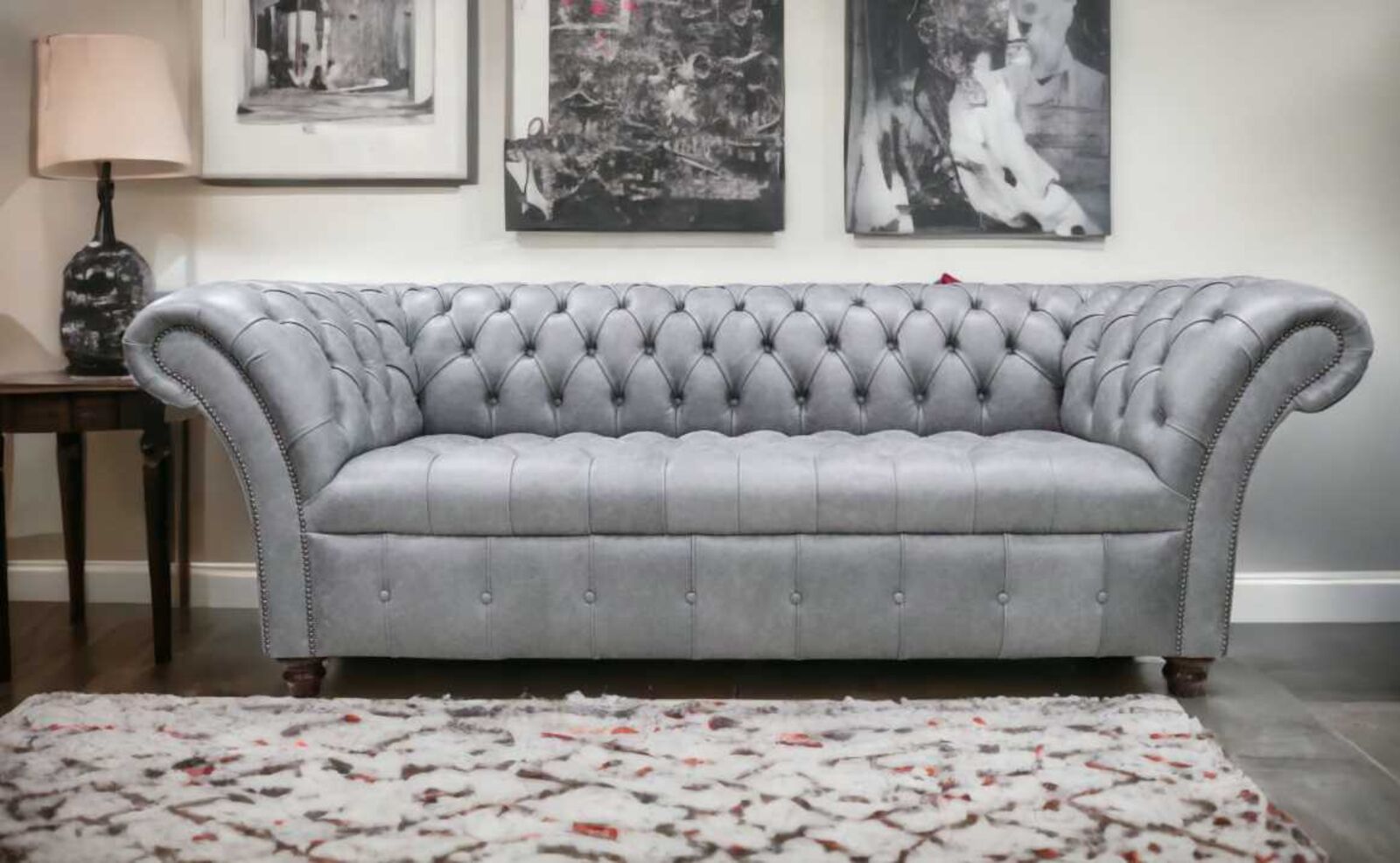 Product photograph of Chesterfield Balmoral Graduate 3 Seater Buttoned Seat Sofa Vintage Cracked Wax Ash Grey Leather Stock from Designer Sofas 4U