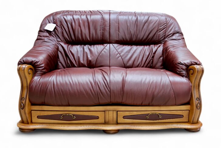 Belgium Storage Drawer Genuine Italian Leather 2 Seater Sofa Settee Wine