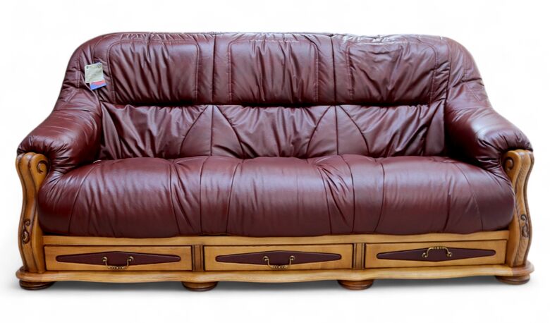 Belgium Storage Drawer Genuine Italian Leather 3 Seater Sofa Settee Wine