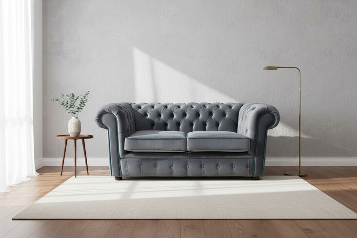 Bexley Chesterfield 2 Seater Settee Malta Grey Silver Blue Piping Velvet Fabric Sofa Offer