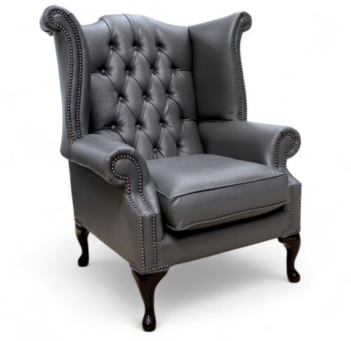 Bonded Leather Grey Chesterfield Queen Anne Wing chair | DesignerSofas4U