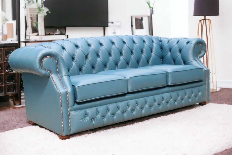 Product photograph of Chesterfield Buckingham 3 Seater Sofa Shelly Majolica Blue Leather from Designer Sofas 4U