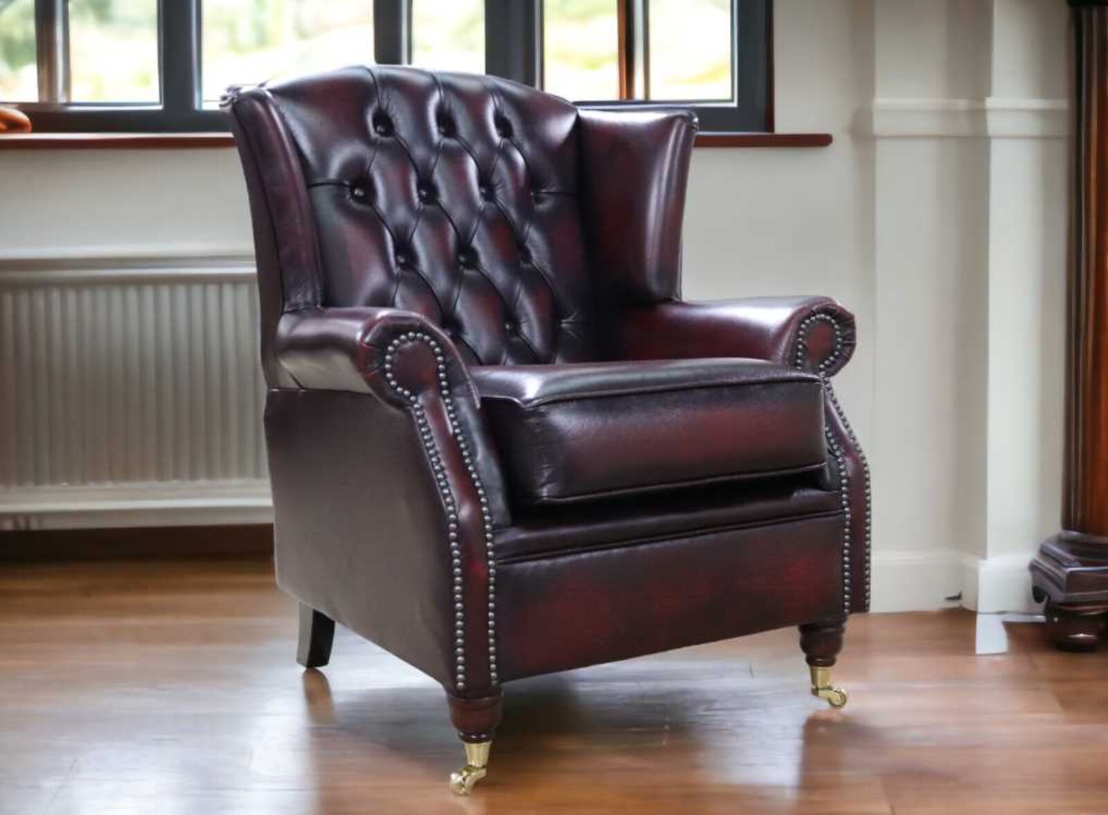 Product photograph of Southwold Chesterfield Buttoned Back Wing Chair Fireside High Back Leather Armchair Antique Oxblood Leather from Designer Sofas 4U