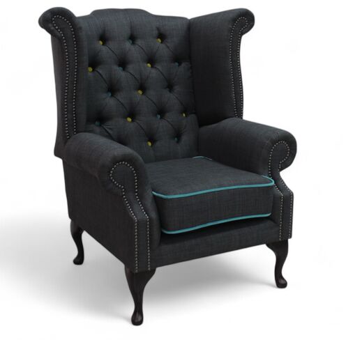 Charles Charcoal Blue Trim Fabric Chesterfield Linen Queen Anne High Back Wing Chair | DesignerSofas4U