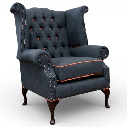 Charles Charcoal Orange Trim Fabric Chesterfield Linen Queen Anne High Back Wing Chair | DesignerSofas4U