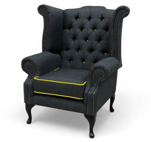 Charles Charcoal Yellow Trim Fabric Chesterfield Linen Queen Anne High Back Wing Chair | DesignerSofas4U