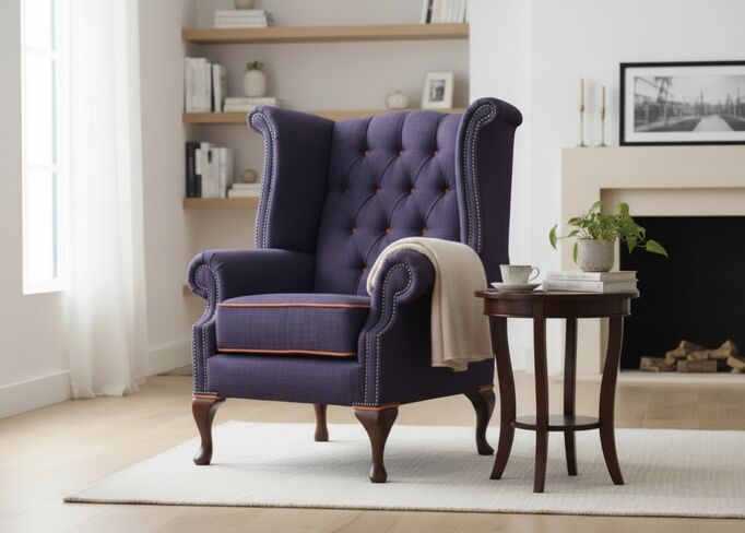 Charles Purple Orange Trim Fabric Chesterfield Linen Queen Anne High Back Wing Chair | DesignerSofas4U