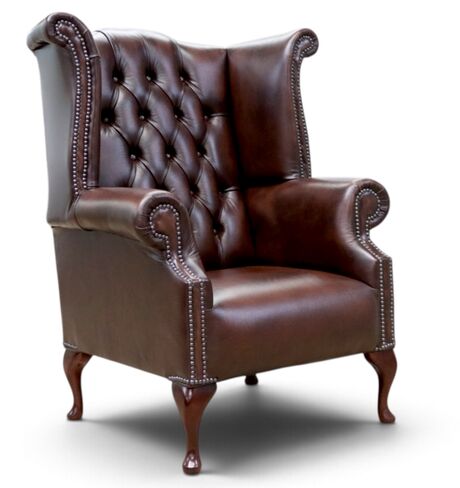 Chesterfield 1780's Queen Anne High Back Wing Chair Antique Brown Leather